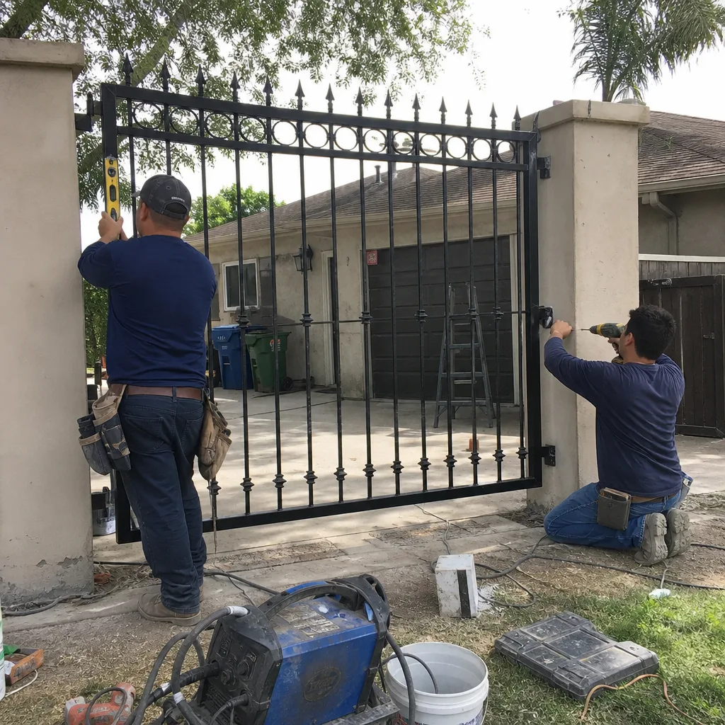 Two professional workers installing a black wrought iron driveway gate.