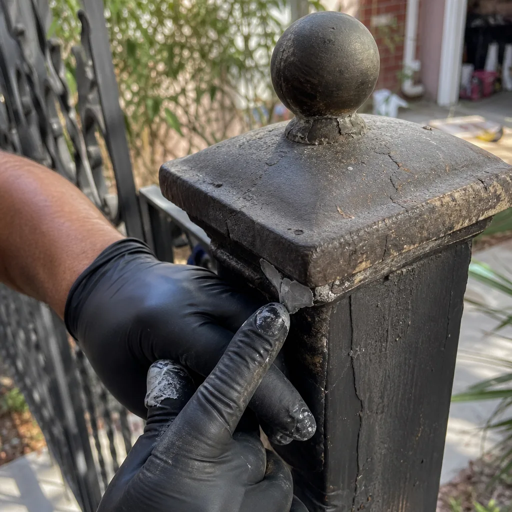 professional applying sealant during a metal gate repair
